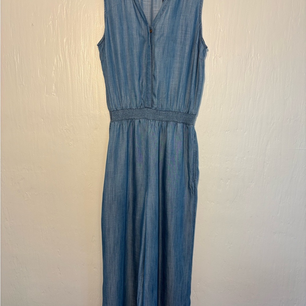 Lands' End Soft Chambray Denim smocked waist wide leg Jumpsuit